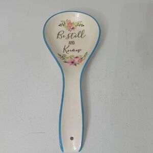 Floral Ceramic Spoon Rest with Blue Trim, NWOT